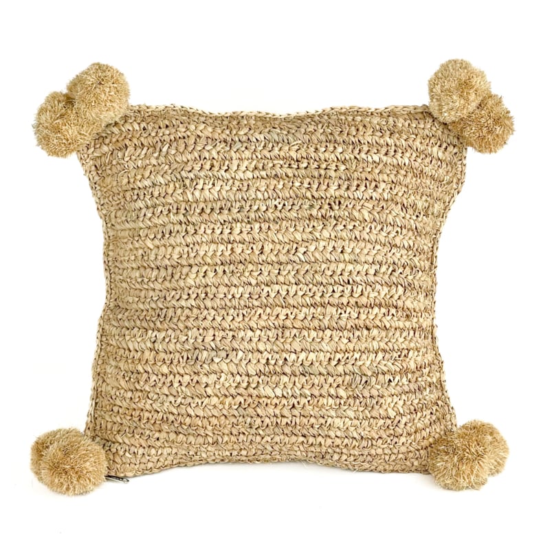 Kussen Lefkadia vierkant gevlochten seagrass met pompons