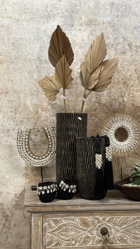 Houten vaas handgesneden zwart/naturel 50cm hoog