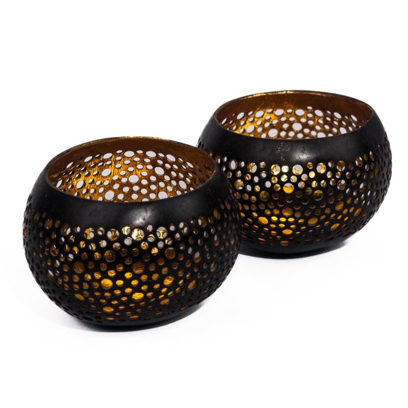 Kokosnuss-Teelichthalter schwarz/gold – Bali Styling & Ibiza Living