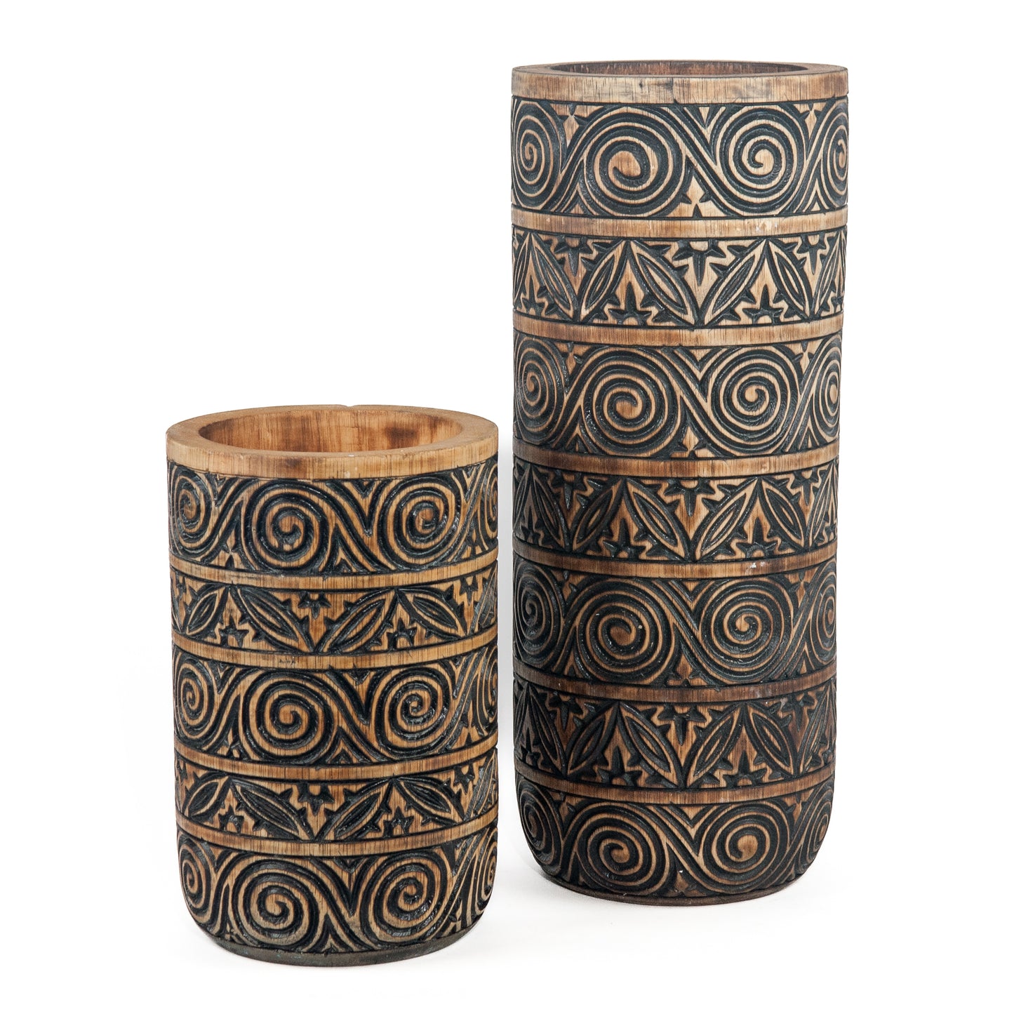 Houten vaas handgesneden Timor motief natural wood/zwart 35cm hoog