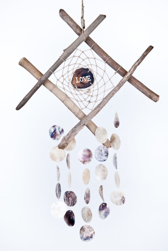 Wind chime capiz shells / driftwood flat love/hope