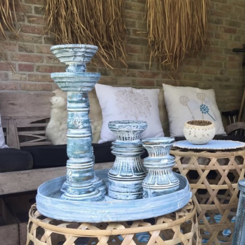 Türkisfarbener Kerzenständer aus Holz, hohes Modell, 40 cm – Bali Styling & Ibiza Living