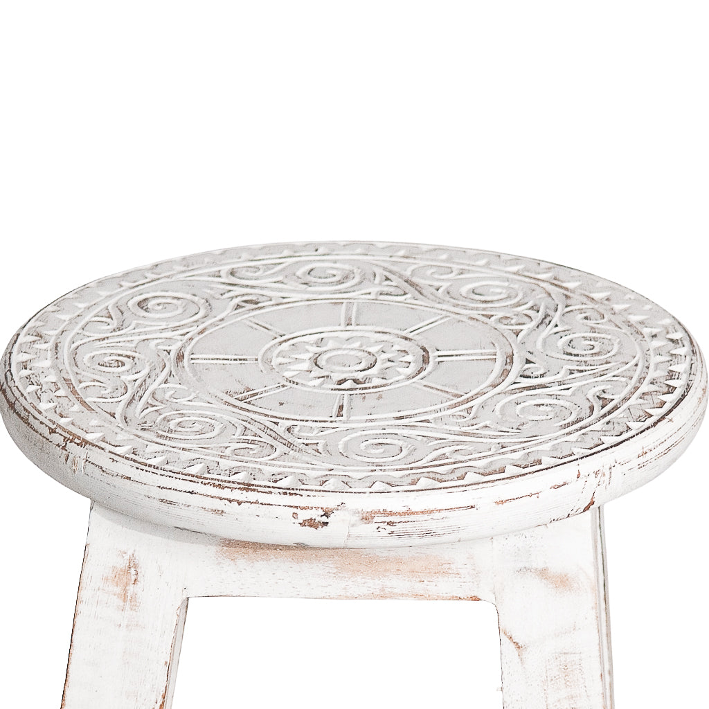 Houten krukje mandala white / carved natural wood