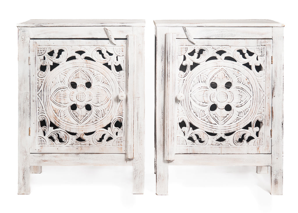 Set houten nachtkastjes mandala whitewash
