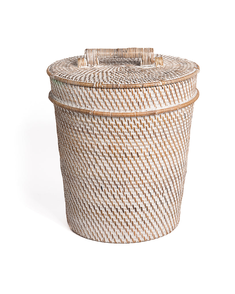 Abfalleimer mit Deckel, naturweiß gewaschenes Rattan