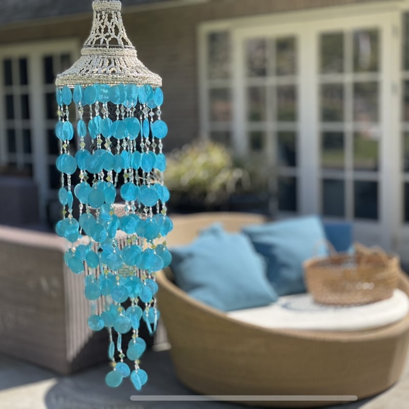 Capiz shell hanging lamp / XL wind chime with mirror 100x35cm turquoise