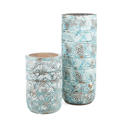 Houten vaas handgesneden turquoise/wit/naturel 50cm hoog