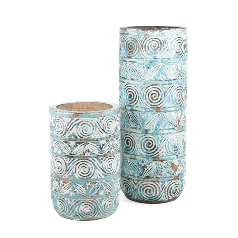 Houten vaas handgesneden turquoise/wit/naturel 35cm hoog