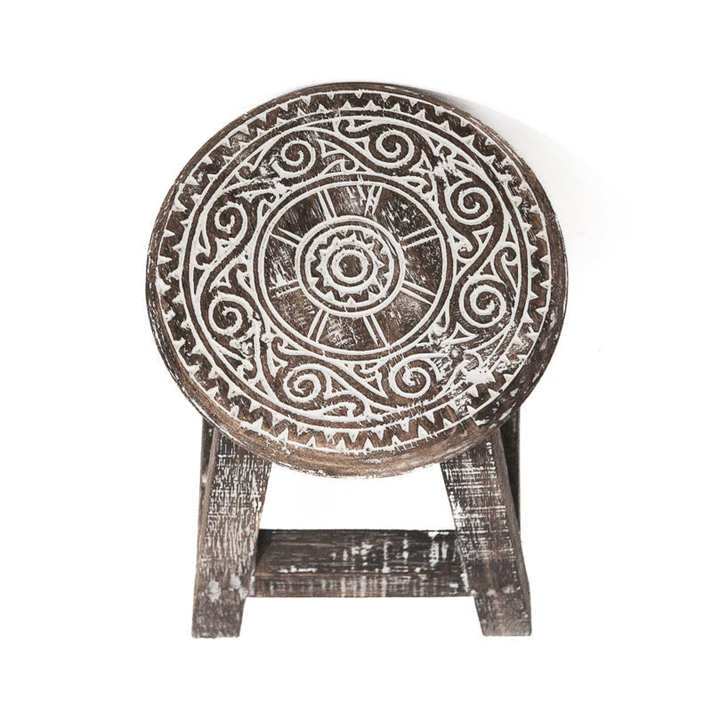 Houten krukje mandala natural wood / white wash