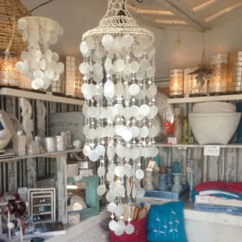 Hängeleuchte aus Capiz-Muscheln, 35 x 100 cm, Ibiza Azurblau