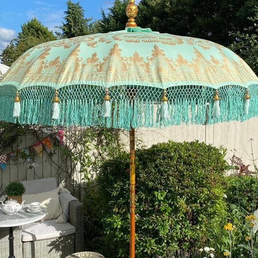 Ibiza Parasol 2 meters turquoise/gold boho (stem in 2 parts)