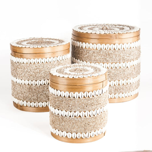 Offermand / prullenbak XL rond model kraaltjes/schelpjes naturel/crème/wit