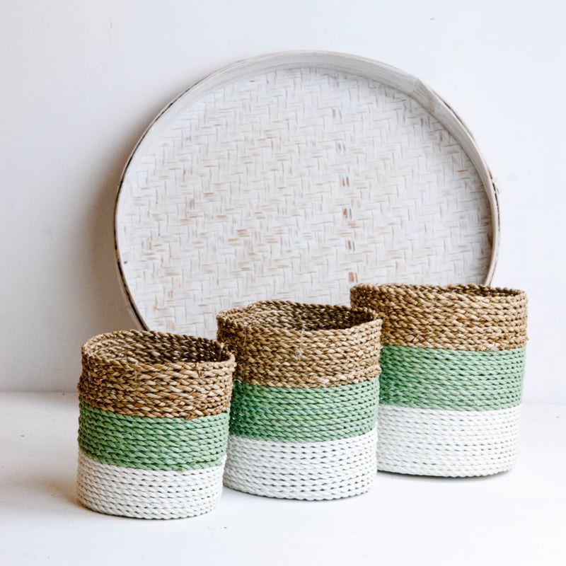 Plantenmandjes seagrass naturel/groen-grijs/wit