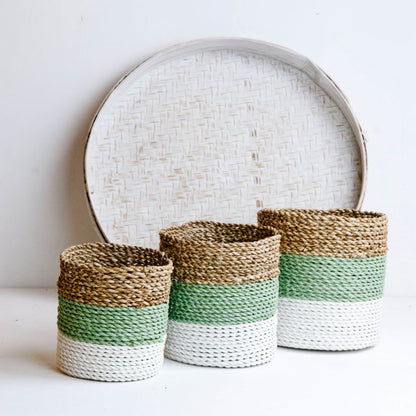 Plantenmandjes seagrass naturel/groen-grijs/wit