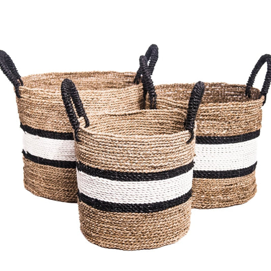 Mand seagrass naturel/wit/zwarte en zwarte handvatten