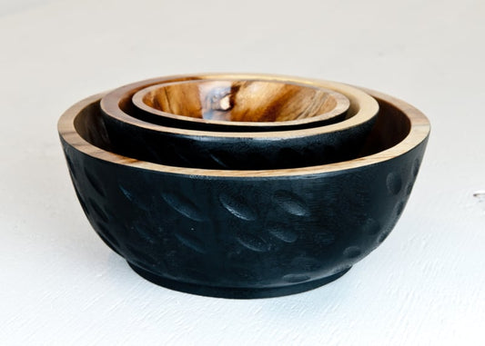 Black wooden bowls with natural interior