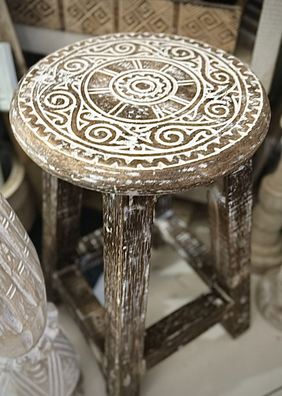 Houten krukje mandala natural wood / white wash