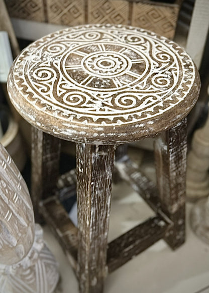 Houten krukje mandala natural wood / white wash