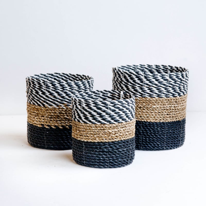 Plantenmandjes seagrass gevlochten naturel/zwart