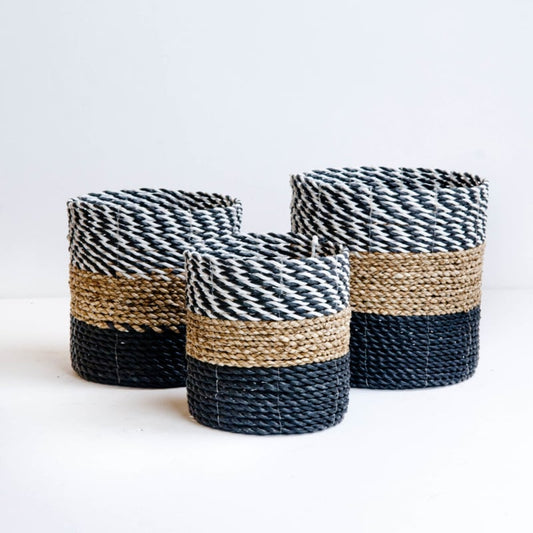 Plantenmandjes seagrass gevlochten naturel/zwart