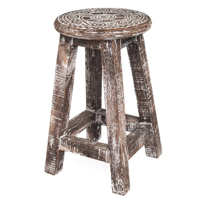 Houten krukje mandala natural wood / white wash