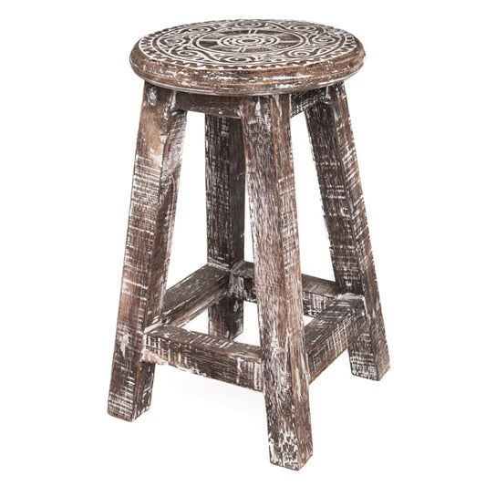 Wooden stool mandala natural wood / white wash