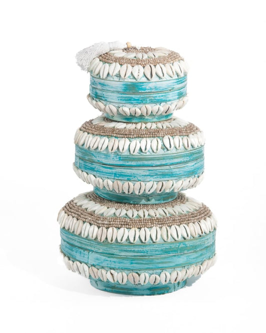 Offermand bamboe plat rond kraaltjes/schelpjes turquoise/crème