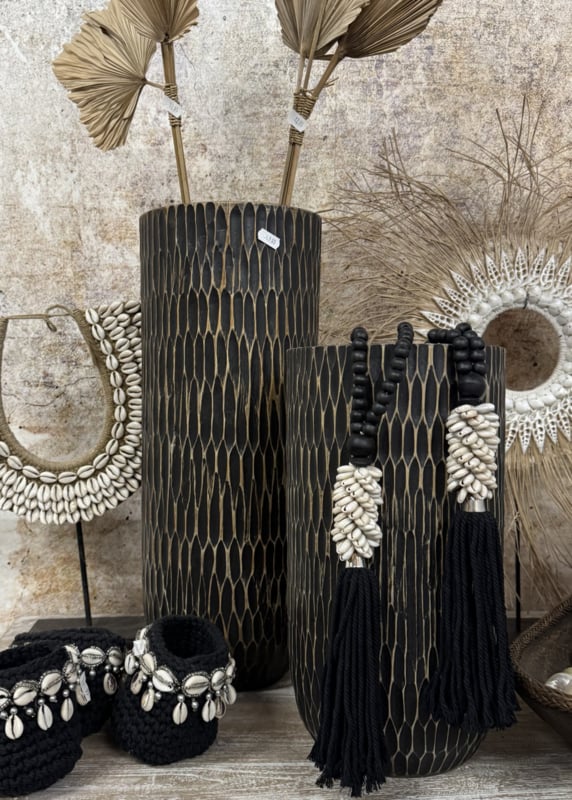 Houten vaas handgesneden zwart/naturel 50cm hoog