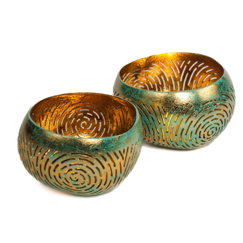 Coconut bowl tealight holder turquoise/gold