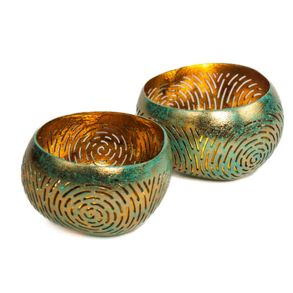 Coconut bowl tealight holder turquoise/gold