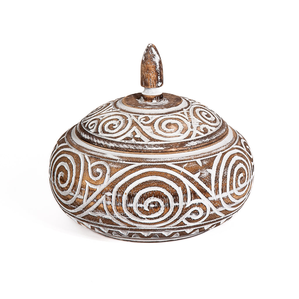 Houten pot met deksel lingkaran handgesneden burned/whitewash
