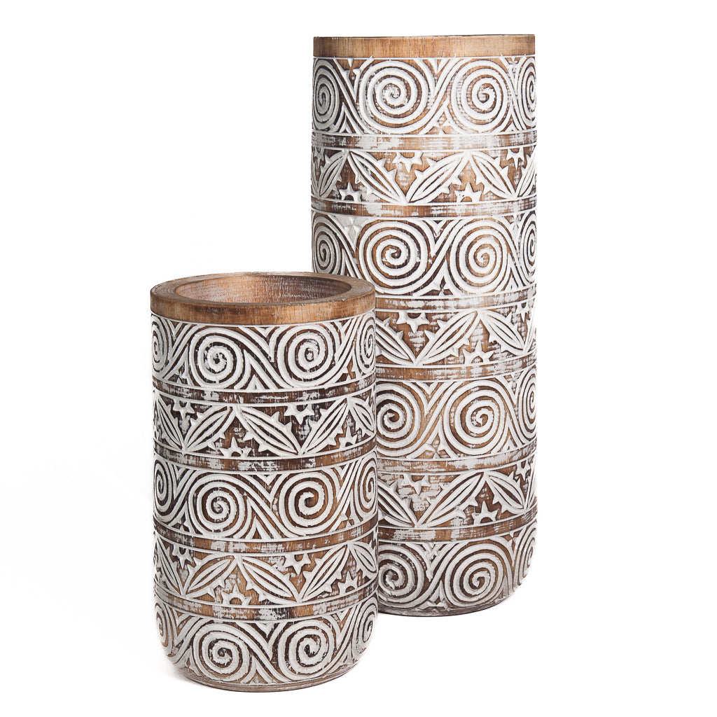 Holzvase, handgeschnitzt, türkis/weiß/naturfarben, 50 cm hoch
