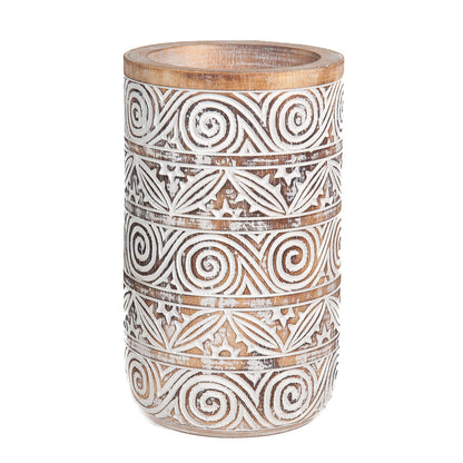 Holzvase, handgeschnitzt, türkis/weiß/naturfarben, 35 cm hoch