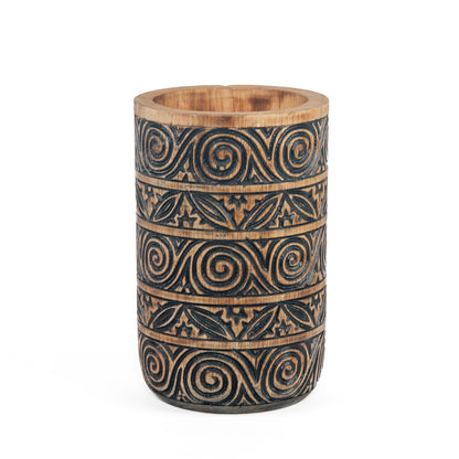 Houten vaas handgesneden Timor motief natural wood/zwart 35cm hoog