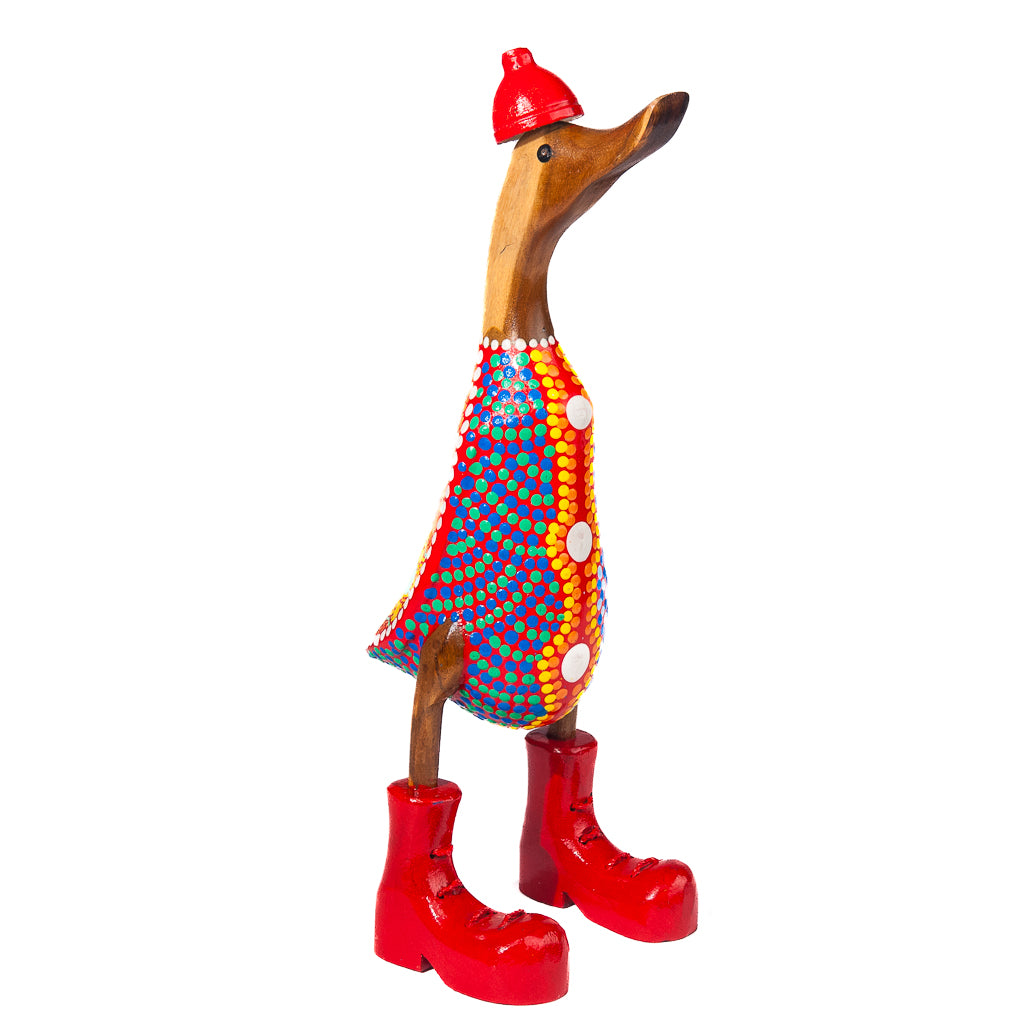 Houten eend - kleurrijke stippen rood/blauw