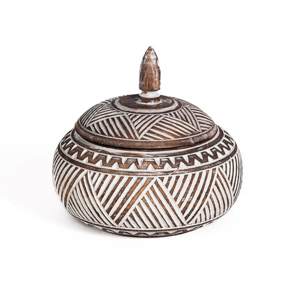 Houten pot met deksel menemum handgesneden burned/whitewash