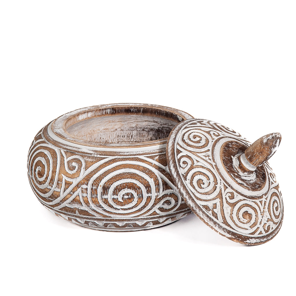 Houten pot met deksel lingkaran handgesneden burned/whitewash