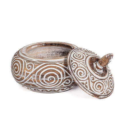 Houten pot met deksel lingkaran handgesneden burned/whitewash