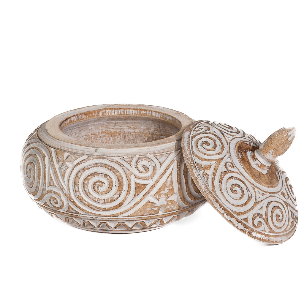 Houten pot met deksel lingkaran handgesneden natural/whitewash