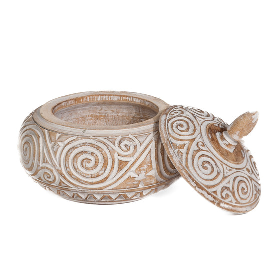 Houten pot met deksel lingkaran handgesneden natural/whitewash