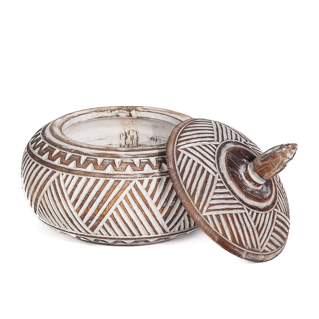 Houten pot met deksel menemum handgesneden burned/whitewash