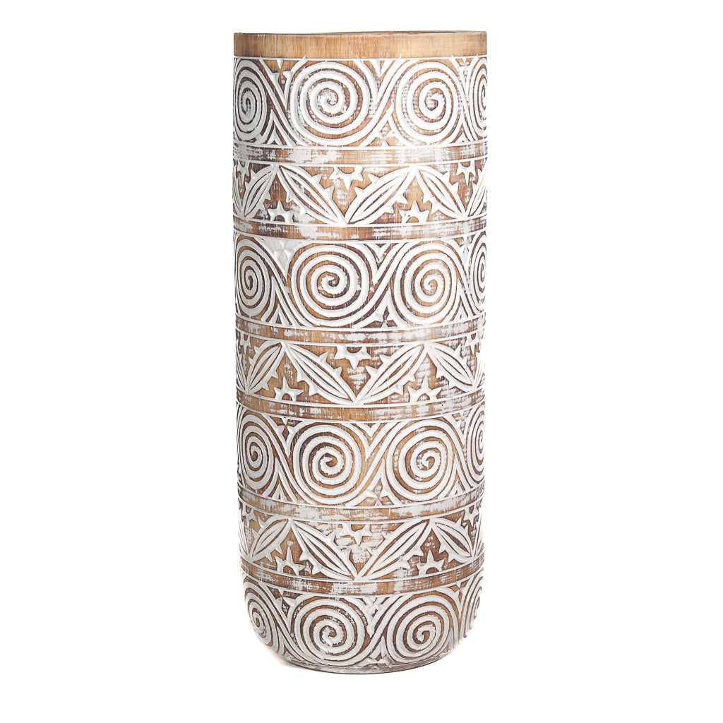 Holzvase, handgeschnitzt, türkis/weiß/naturfarben, 50 cm hoch