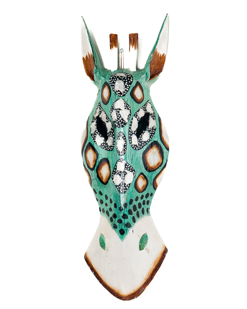 Houten masker giraffe celeste/capiz witte hoorntjes