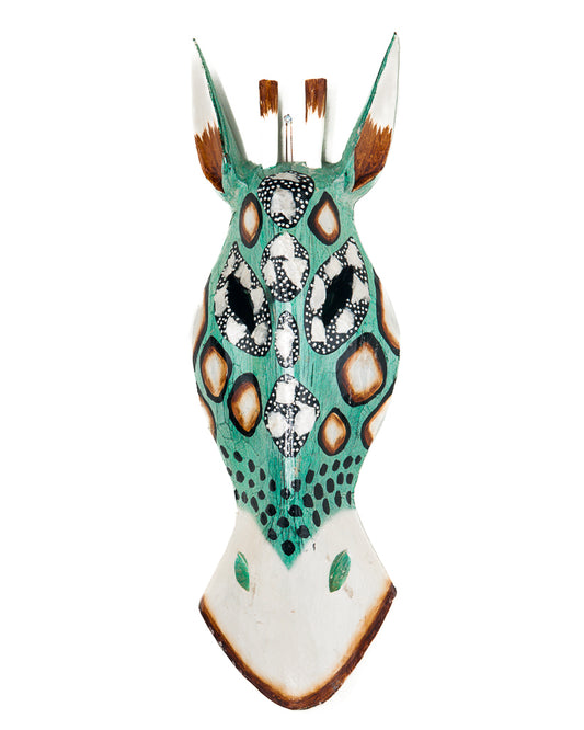 Houten masker giraffe celeste/capiz witte hoorntjes