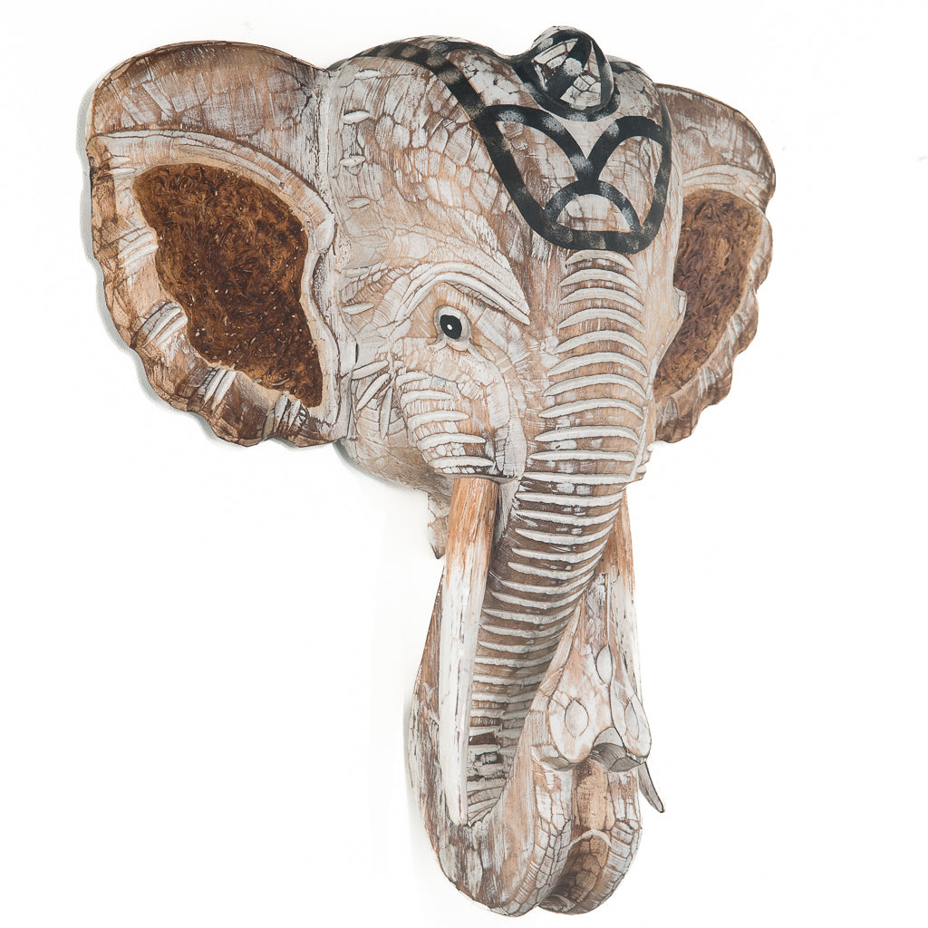 Houten handgesneden olifantenkop bruin naturel / whitewash Large