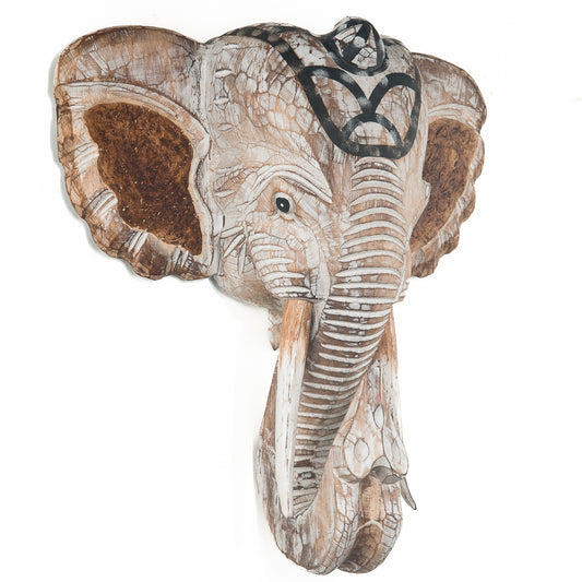 Houten handgesneden olifantenkop bruin naturel / whitewash Large