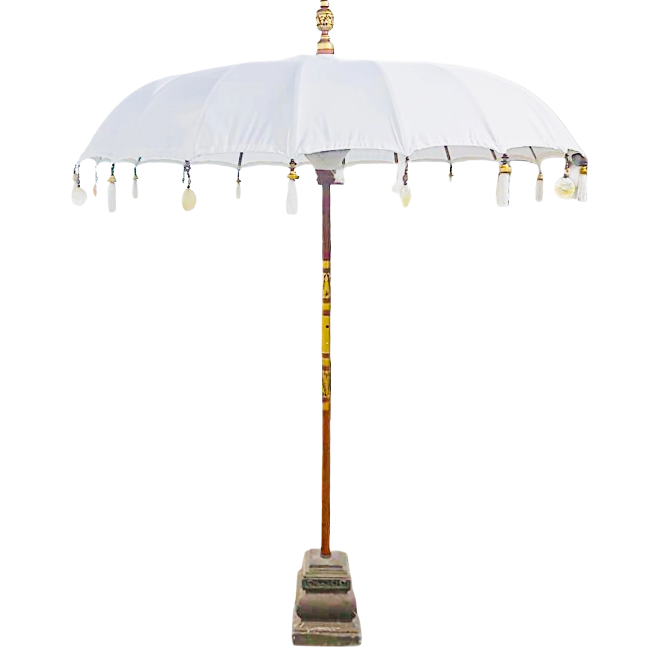 Ibiza Parasol 2 meter wit met kwastjes en parelmoer (steel in 2 delen)