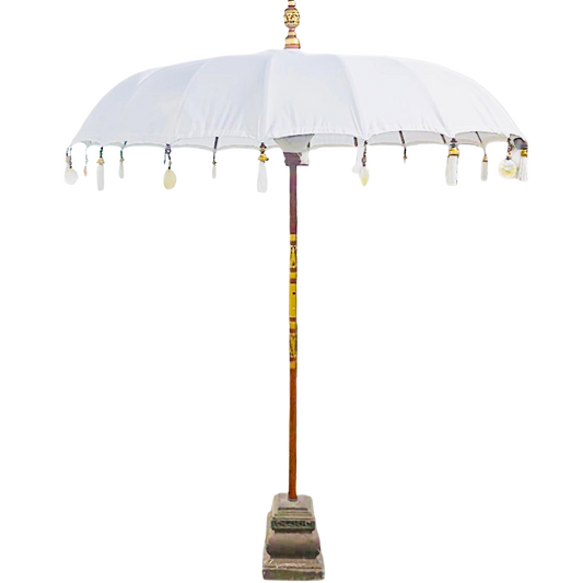 Ibiza Parasol 2 meter wit met kwastjes en parelmoer (steel in 2 delen)