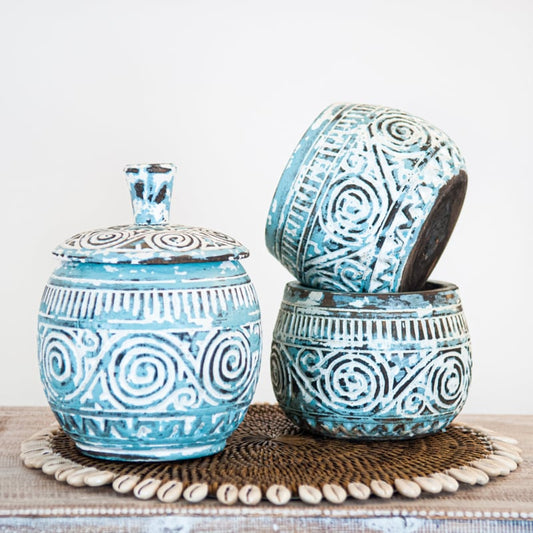 Wooden pot with lid Tribal hand-carved turquoise/white/natural