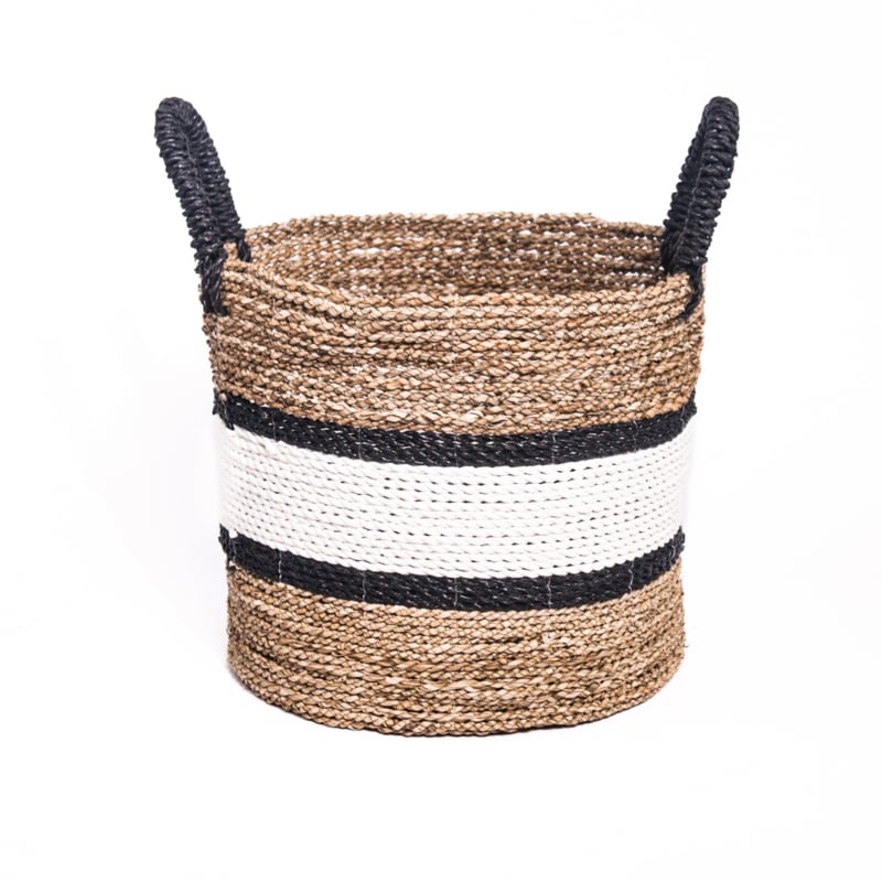 Mand seagrass naturel/wit/zwarte en zwarte handvatten